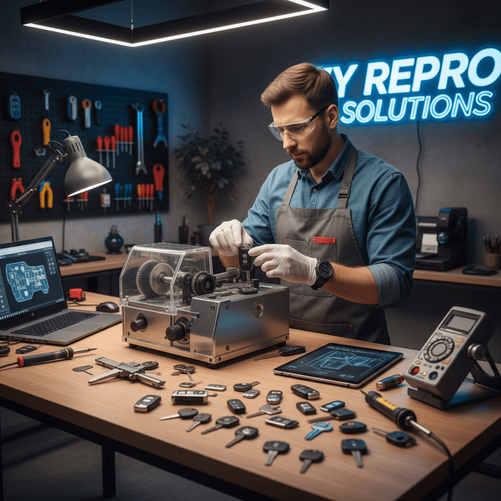 Professional locksmith working on car key reproduction at modern workshop desk with precision tools