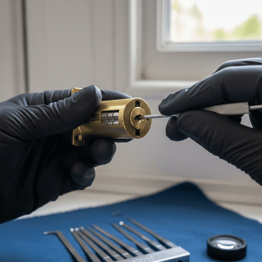 Locksmith's gloved hands using precision tools to work on residential door lock mechanism with natural side lighting